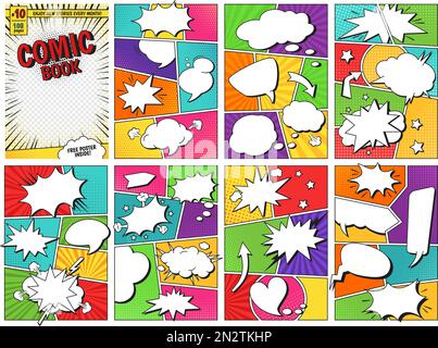 Comic book templates. Comics magazine cover and pages grid layouts with speech balloon frames vector set Stock Vector
