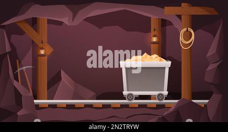 Gold mine tunnel. Trolley with gold nuggets in old mining cave interior cartoon vector background illustration Stock Vector