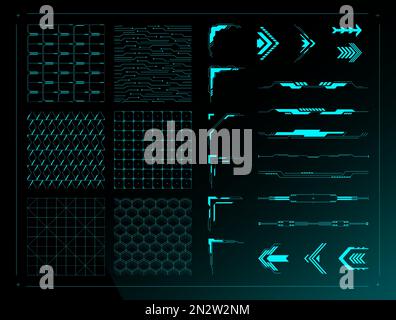 Sci fi UI design elements. Cyberpunk grid background textures, futuristic divider borders, abstract HUD corners and arrows vector set Stock Vector