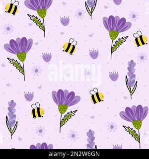 Purple flowers and bee cartoon style Stock Vector