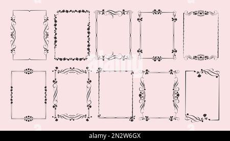 Gothic rose frames. Gothcore borders with flowers, leaves and spikes of roses. Elegant decorative flourish design elements vector set Stock Vector