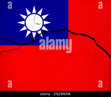 Earthquakes in Taiwan , flag  Taiwan  on a wall with cracks from an earthquake Stock Photo