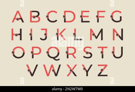 Handshake font. Corporate emblem alphabet with parts of letter shake hands, success deal and alliance concept sign. Helping hand letters vector set Stock Vector
