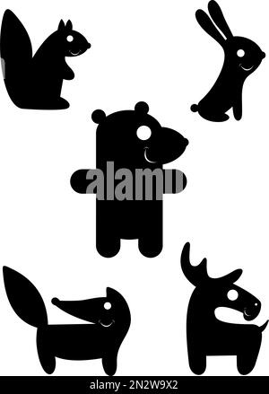 Cartoon funny animal silhouettes isolated illustration. Comic cartoon funny animals set for design black on white illustration Stock Vector