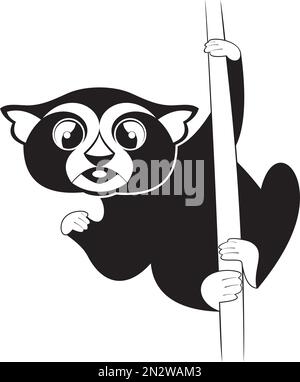Lemur original black on white illustration. Cute lemur holds on the tree isolated illustration Stock Vector
