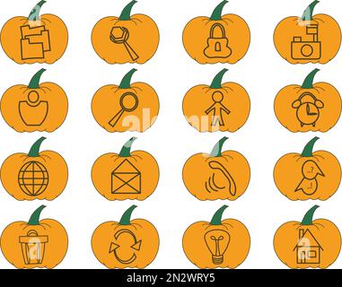 Icon set with user interface symbols with orange pumpkins for Halloween and Thanksgiving decorations Stock Vector