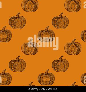 Seamless pattern with Halloween and Thanksgiving pumpkins stroke abstract mandala on transparent background Stock Vector
