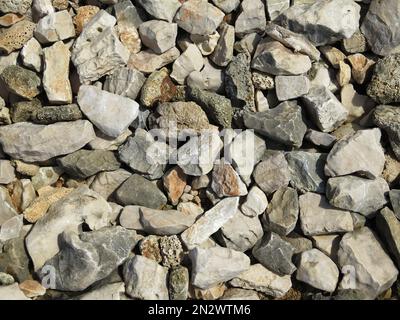 Texture with sandy color stones and shells on a rocky beach Stock Photo