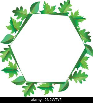 Hexagonal fresh spring frame with green leaves of maple, oak and birch Stock Vector