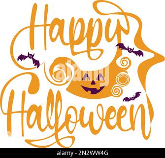 Set of Happy Halloween typography with pumpkin face and bats Stock Vector