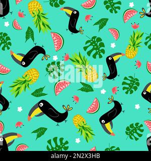 Funny bird seamless pattern  with leaves and flowers, watermelon and pineapple. Stock Vector