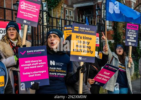 London, UK. 7th Feb, 2023. A picket line of Nurses outside the The Royal Marsden Hospital in South Kensington. It is part of the Royal College of Nursing (RCN) organised strike over pay in the face of the cost of living crisis. Credit: Guy Bell/Alamy Live News Stock Photo