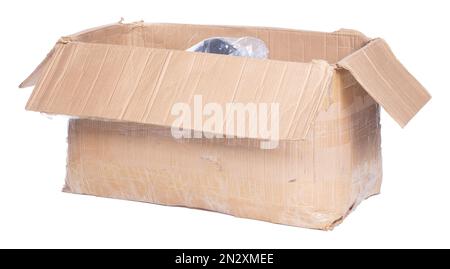 Battered cartboard box isolated on a white background Stock Photo