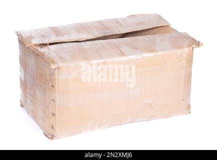 Battered cartboard box isolated on a white background Stock Photo