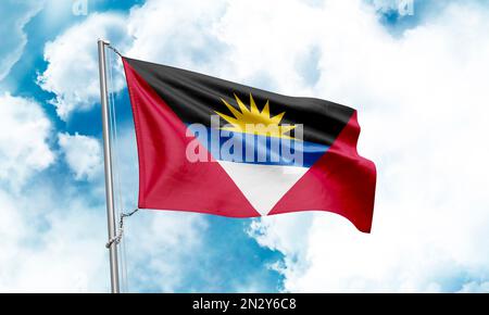 Antigua and Barbuda flag waving on sky background. 3D Rendering Stock Photo