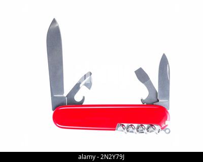 Red pocket folding knife-multitool isolated on white background Stock Photo
