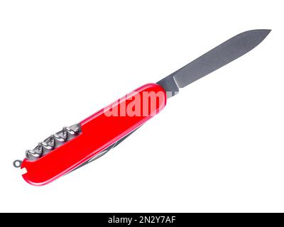 Opened red pocket folding knife isolated on white background Stock Photo