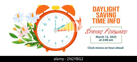 Spring Daylight Saving Time 2023. Banner reminder with changing