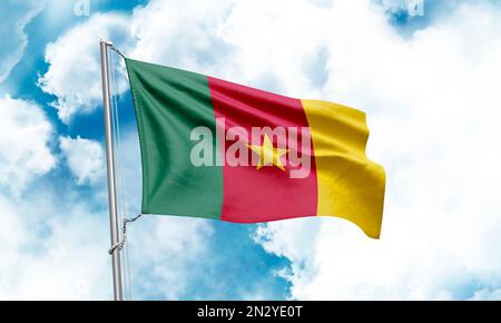 Cameroon flag waving on sky background. 3D Rendering Stock Photo