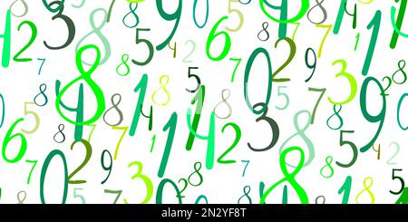 Green numbers seamless pattern. Mathematical background of randomly placed different monochrome numbers on white. Vector illustration school template Stock Vector