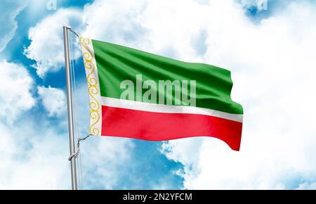 Chechen Republic flag waving on sky background. 3D Rendering Stock Photo