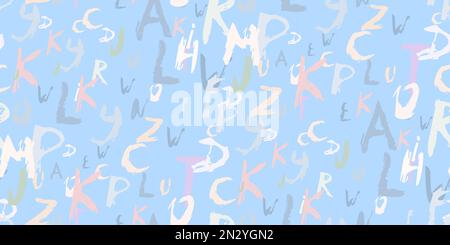 Color alphabet vector symbols. Seamless pattern of hand drawn brush calligraphy font on light blue. Grunge brush texture alphabet. Modern textured pen Stock Vector