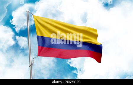 Colombia flag waving on sky background. 3D Rendering Stock Photo