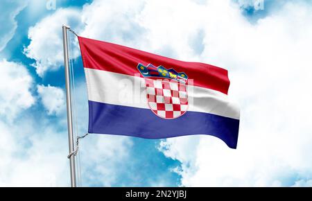 Croatia flag waving on sky background. 3D Rendering Stock Photo