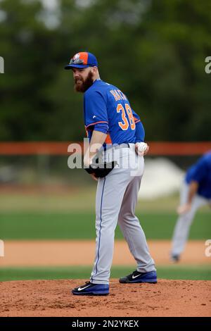 New York Mets pitcher Vic Black wears a patch on his uniform in honor of  broadcaster Ralph Kiner during spring training baseball practice Monday,  Feb. 17, 2014, in Port St. Lucie, Fla.