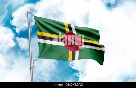 Dominica flag waving on sky background. 3D Rendering Stock Photo