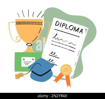 First place doodle icon. Winner prize, champion cup, ribbon in hand drawn style. Medals and diploma vector. Champion cup in sketch style. Stock Vector