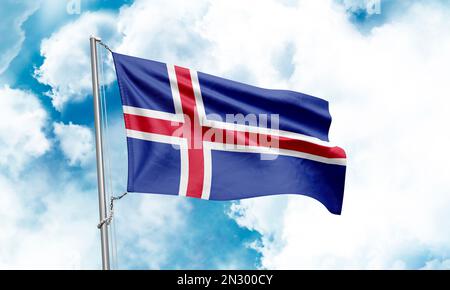 Iceland flag waving on sky background. 3D Rendering Stock Photo - Alamy