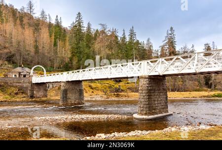 Victoria Bridge the white lattice girder bridge over the River Dee at Mar Lodge leading to the gatehouse Aberdeenshire Scotland Stock Photo