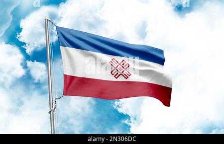 Mari El flag waving on sky background. 3D Rendering Stock Photo