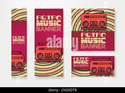 Retro music banner set. Retro background and retro red radio. Vector Vintage Music Background Stock Vector