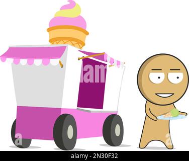 The boy is standing with ice cream in his hands next to the Ice cream trolley Stock Vector