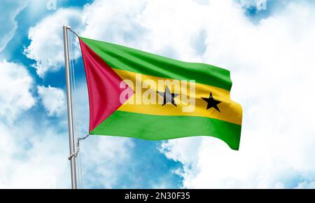 Sao Tome and Principe flag waving on sky background. 3D Rendering Stock Photo