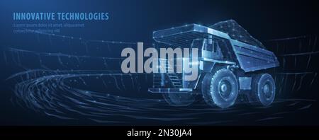 Heavy dump truck. Abstract 3d large dumper on blue. Mining machinery, industry equipment, big career, open extraction, anthracite coal, gold mining Stock Vector