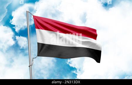 Yemen flag waving on sky background. 3D Rendering Stock Photo