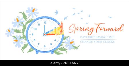 Spring Forward. Daylight Saving time begins concept. Set clock forward one hour. Switch time on summertime. Reminder banner with clock and moving arro Stock Vector