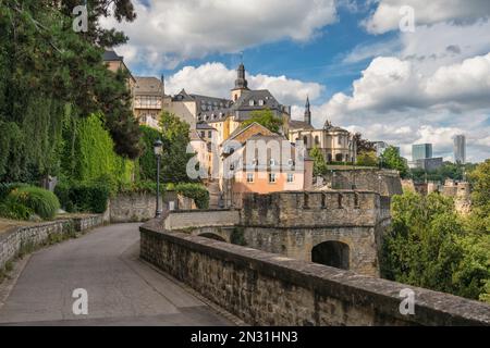 Grand Duchy of Luxembourg, city skyline at Grund along Alzette river in the historical old town of Luxembourg Stock Photo