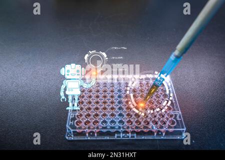 A researcher is using modern robot chat in modern laboratory. The new or modern technique helps improvement of laboratory for new discovery for health Stock Photo