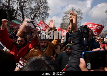 Srinagar, India. 07th Feb, 2023. Members of the Peoples Democratic Party (PDP) are seen shouting slogans during the protest against land eviction drives. (Photo by Mubashir Hassan/Pacific Press) Credit: Pacific Press Media Production Corp./Alamy Live News Stock Photo