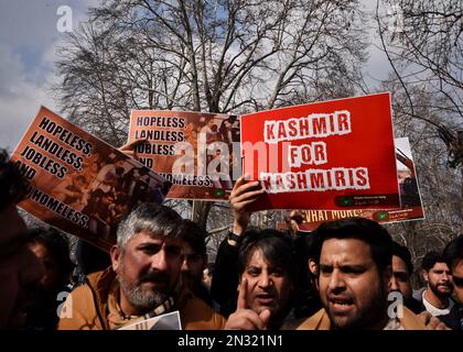 Srinagar, India. 07th Feb, 2023. Members of the Peoples Democratic Party (PDP) are seen shouting slogans during the protest against land eviction drives. (Photo by Mubashir Hassan/Pacific Press) Credit: Pacific Press Media Production Corp./Alamy Live News Stock Photo