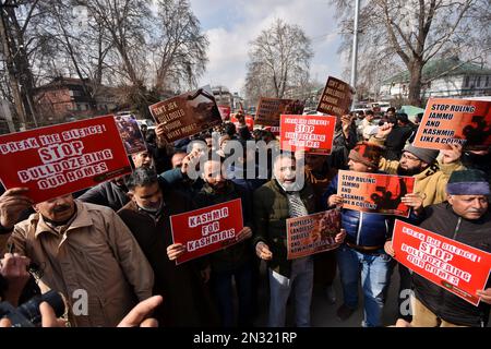 Srinagar, India. 07th Feb, 2023. Members of the Peoples Democratic Party (PDP) are seen shouting slogans during the protest against land eviction drives. (Photo by Mubashir Hassan/Pacific Press) Credit: Pacific Press Media Production Corp./Alamy Live News Stock Photo