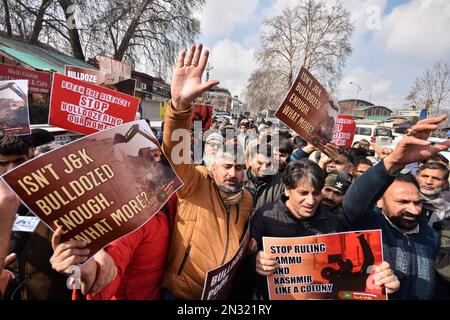 Srinagar, India. 07th Feb, 2023. Members of the Peoples Democratic Party (PDP) are seen shouting slogans during the protest against land eviction drives. (Photo by Mubashir Hassan/Pacific Press) Credit: Pacific Press Media Production Corp./Alamy Live News Stock Photo