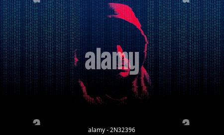 Hooded man with his face in shadows on dark background with binary code. Cyber criminal, concept of hacking and security breach. System hacked screen Stock Photo