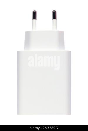 A white USB electric power socket AC outlet isolated on white background. USB wall charger plug. Stock Photo
