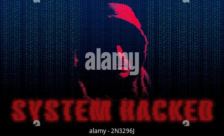 Hooded man with his face in shadows on dark background with binary code and system hacked text alert. Cyber criminal, concept of security breach. Scre Stock Photo