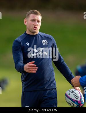 7th February 2023: Guinness Six Nations 2023. ScotlandÕs Finn Russell during the Scotland Rugby squad training session, Oriam, Riccarton, Edinburgh. Credit: Ian Rutherford Alamy Live News Stock Photo